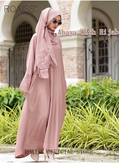 roaiss 2 Pcs Women's Abaya Robe Dress and Headscarf Set Solid Color Floral Embroidery Lace Long Sleeves for Spring Summer Outfit Ramadan Eid al-Adha Gifts  - Image 3