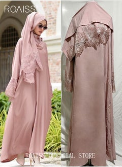 roaiss 2 Pcs Women's Abaya Robe Dress and Headscarf Set Solid Color Floral Embroidery Lace Long Sleeves for Spring Summer Outfit Ramadan Eid al-Adha Gifts  - Image 5