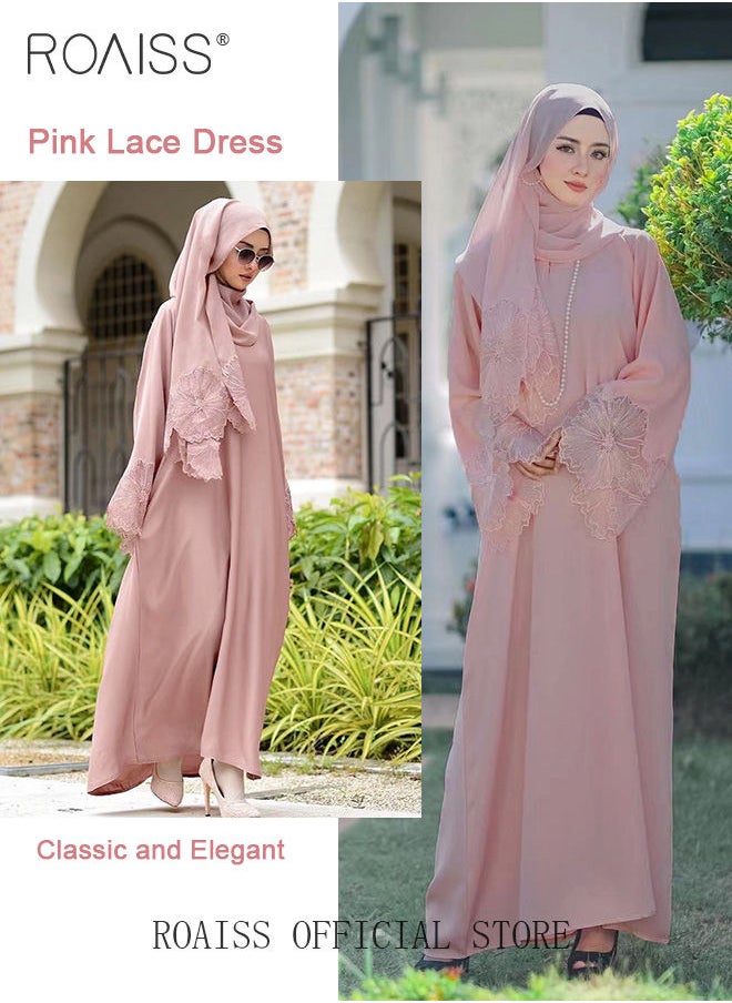 2 Pcs Women's Abaya Robe Dress and Headscarf Set Solid Color Floral Embroidery Lace Long Sleeves for Spring Summer Outfit Ramadan Eid al-Adha Gifts - pzsku/Z498640D4F08D3582CD6CZ/45/_/1684463430/c4b54cde-798b-4e80-9884-e5d7f3aa1df1