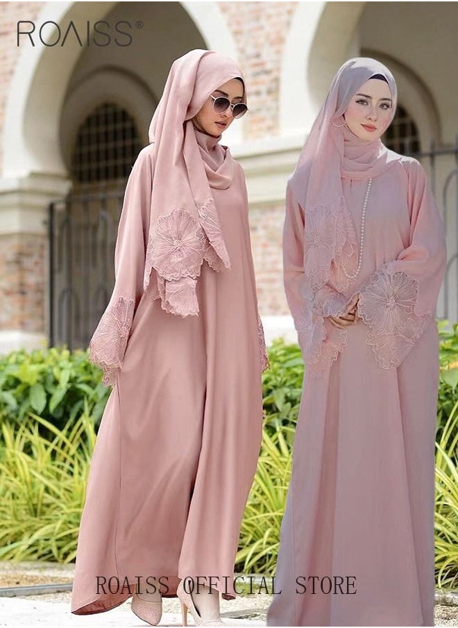 2 Pcs Women's Abaya Robe Dress and Headscarf Set Solid Color Floral Embroidery Lace Long Sleeves for Spring Summer Outfit Ramadan Eid al-Adha Gifts - pzsku/Z498640D4F08D3582CD6CZ/45/_/1684487430/42dcb7fe-6cb2-4ff3-ae92-032791a2d1da