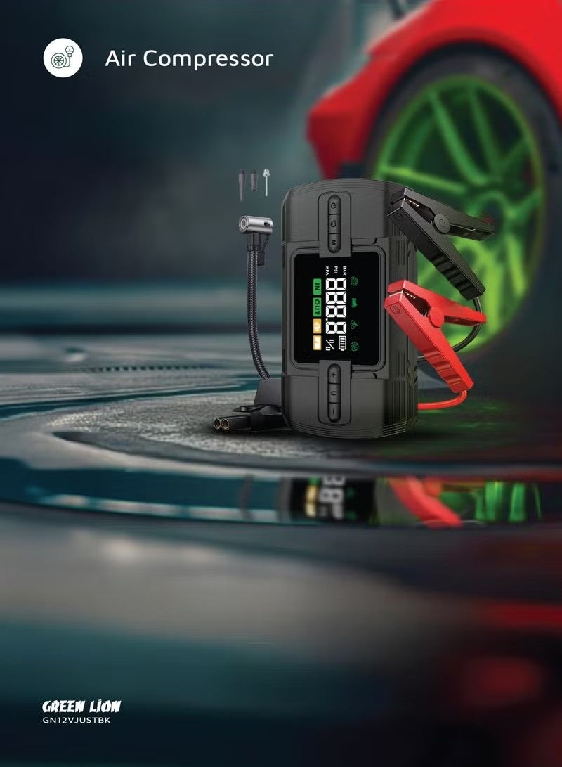 GreenLion GREEN LION 12V Jump Starter 12000mAh / Power Bank | Flash Light | Air Compressor /Digital Display | Safety Protection | 4 Modes Inflation | Broad Compatibility / 5 Tires Air Pump / 20 Times Battery Booster Starter- Black - Image 2