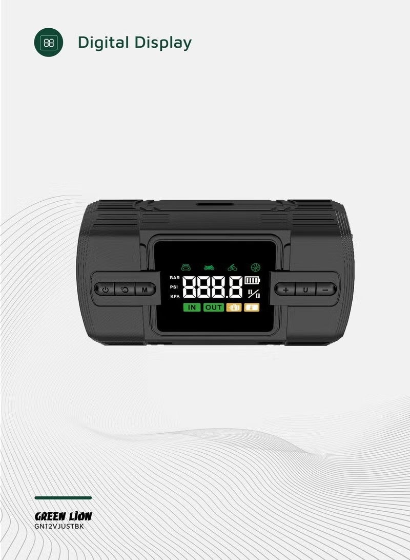 GreenLion GREEN LION 12V Jump Starter 12000mAh / Power Bank | Flash Light | Air Compressor /Digital Display | Safety Protection | 4 Modes Inflation | Broad Compatibility / 5 Tires Air Pump / 20 Times Battery Booster Starter- Black - Image 5