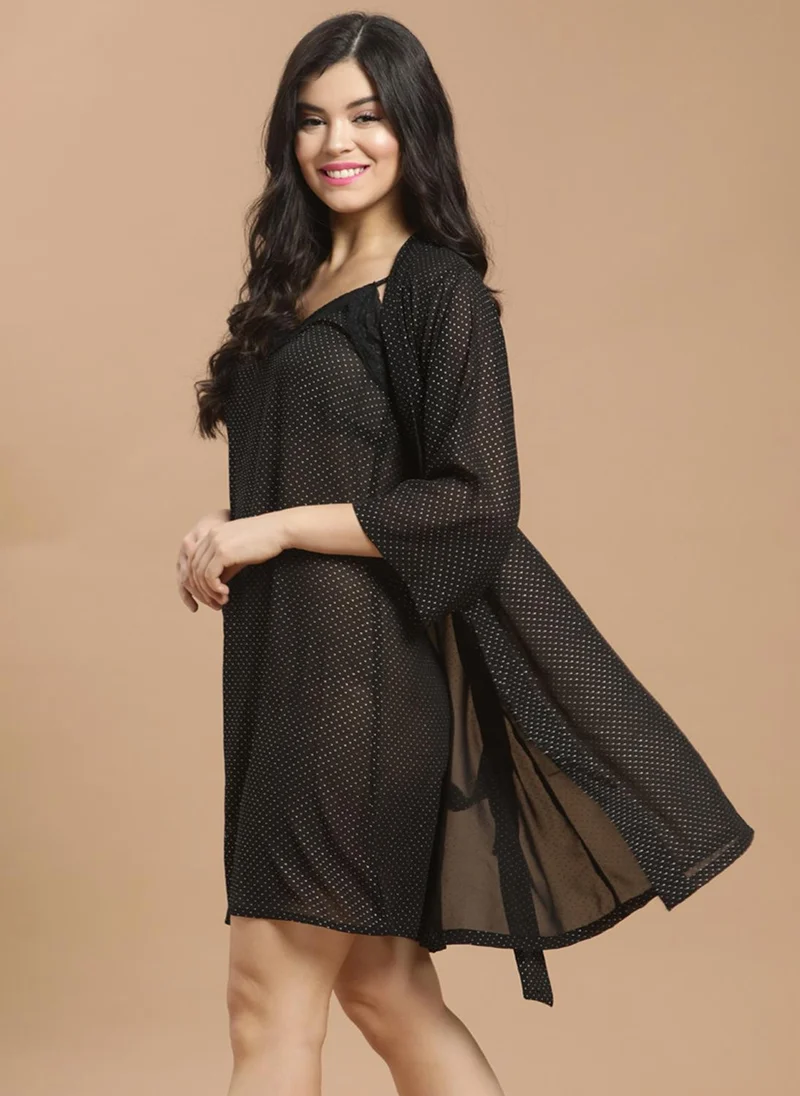 Clovia Clovia Shimmer Print Robe in Black- Georgette