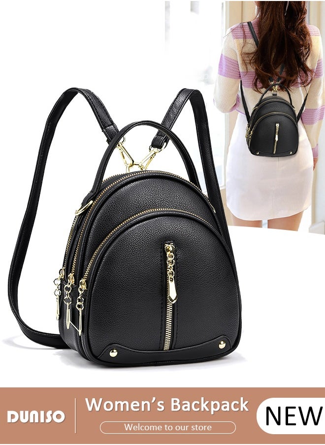 DUNISO Women's Backpack Fashion Travel Backpack For Women Ladies Backpack Faux Leather School Backpack Shoulder Bag For College Girls Students Mini Backpack Leather Bag for Women Black  - Image 1