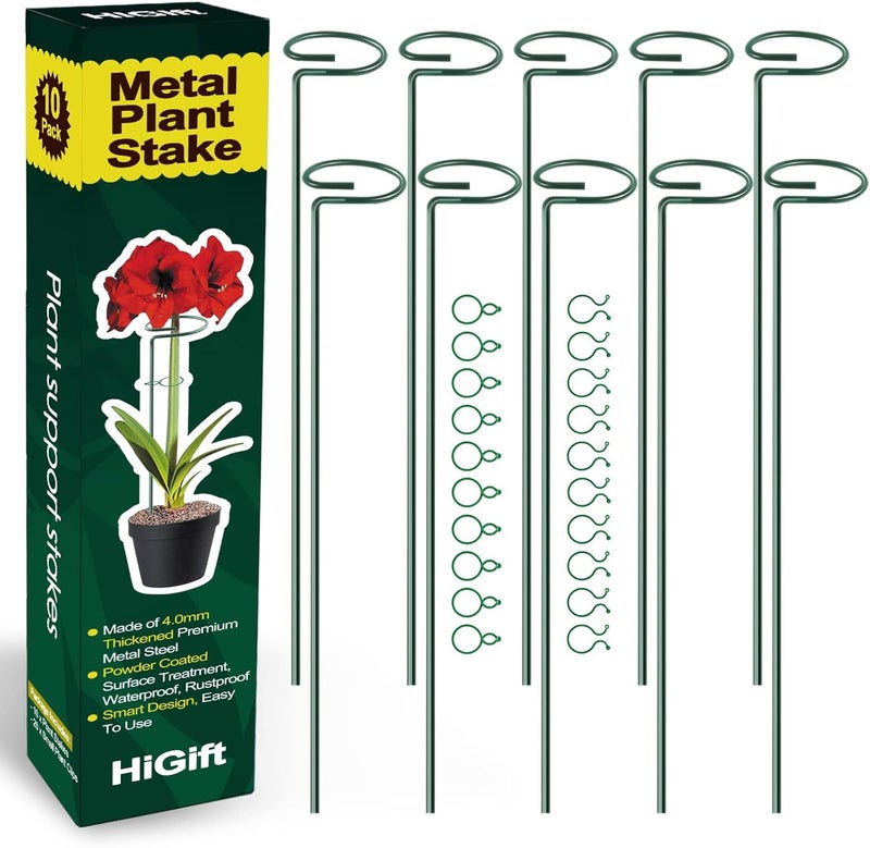 HiGift 10 Pack 17 inches Plant Support Plant Stakes with 20 Pcs Plant Clips, Metal Garden Single Stem Flower Support Stick Plant Cage Support Ring for Amaryllis Orchid Peony Rose Tomato - Image 1
