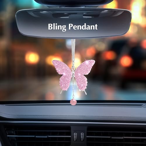 ARTILAURA 11 PCS Bling Car Accessories Set for Women Steering Wheel Covers Butterfly Hanging Seat Belt Cover Air Vent Clips Coasters Cute Glitter Diamond AUTO Accessories Kit Pink - Image 3