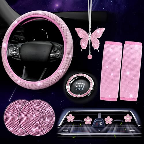 ARTILAURA 11 PCS Bling Car Accessories Set for Women Steering Wheel Covers Butterfly Hanging Seat Belt Cover Air Vent Clips Coasters Cute Glitter Diamond AUTO Accessories Kit Pink - Image 1