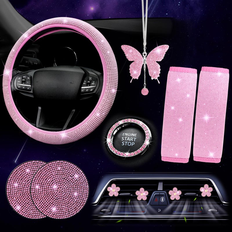 ARTILAURA 11 PCS Bling Car Accessories Set for Women Steering Wheel Covers Butterfly Hanging Seat Belt Cover Air Vent Clips Coasters Cute Glitter Diamond AUTO Accessories Kit Pink - Image 2