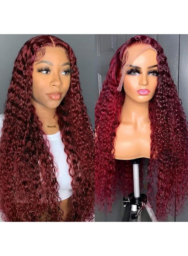 Jolanly 24 Inch Burgundy Lace Front Wigs Human Hair Wigs For Black Women 99J Deep Wave Wigs Glueless Wet And Wavy Red Colored Curly Human Hair Wig Pre Plucked 13X4 Transparent Lace Frontal Wigs 180% Density - Image 1