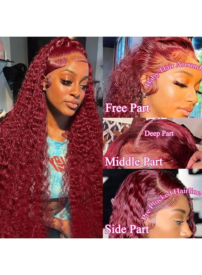 Jolanly 24 Inch Burgundy Lace Front Wigs Human Hair Wigs For Black Women 99J Deep Wave Wigs Glueless Wet And Wavy Red Colored Curly Human Hair Wig Pre Plucked 13X4 Transparent Lace Frontal Wigs 180% Density - Image 2