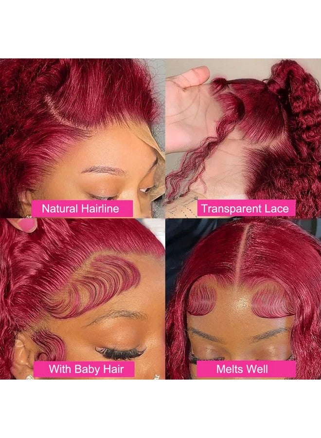 Jolanly 24 Inch Burgundy Lace Front Wigs Human Hair Wigs For Black Women 99J Deep Wave Wigs Glueless Wet And Wavy Red Colored Curly Human Hair Wig Pre Plucked 13X4 Transparent Lace Frontal Wigs 180% Density - Image 4