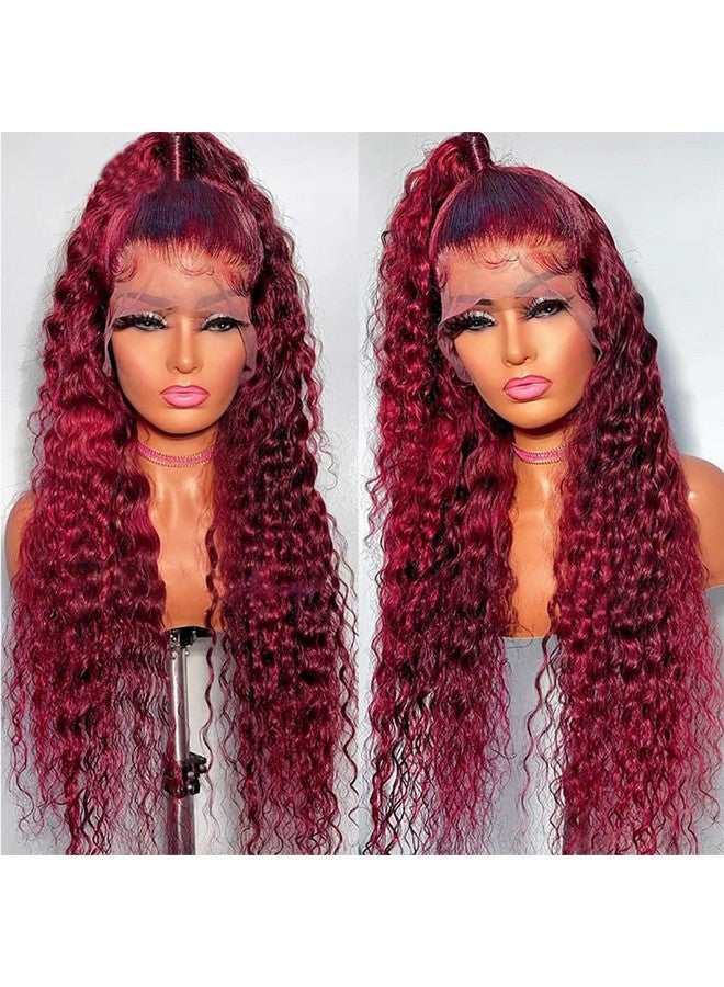 Jolanly 24 Inch Burgundy Lace Front Wigs Human Hair Wigs For Black Women 99J Deep Wave Wigs Glueless Wet And Wavy Red Colored Curly Human Hair Wig Pre Plucked 13X4 Transparent Lace Frontal Wigs 180% Density - Image 5