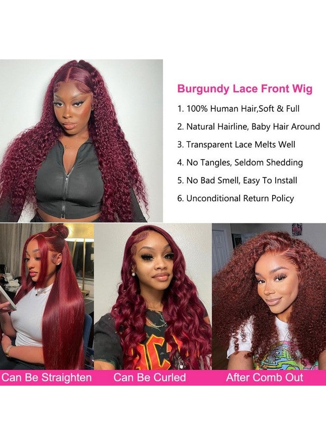 Jolanly 24 Inch Burgundy Lace Front Wigs Human Hair Wigs For Black Women 99J Deep Wave Wigs Glueless Wet And Wavy Red Colored Curly Human Hair Wig Pre Plucked 13X4 Transparent Lace Frontal Wigs 180% Density - Image 3