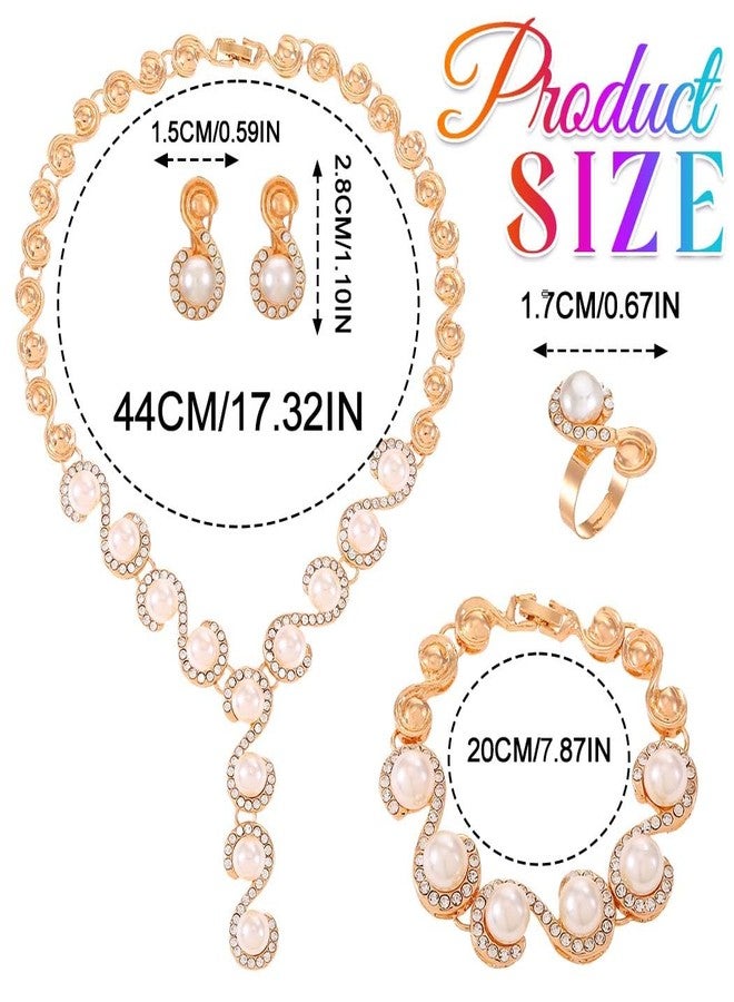 جورايس طقم مجوهرات زفاف من اللؤلؤ من GORAIS، يتضمن قلادة وأقراط وسوار وخاتم ذهبي للعروس، مجوهرات سهرة للنساء - Image 5