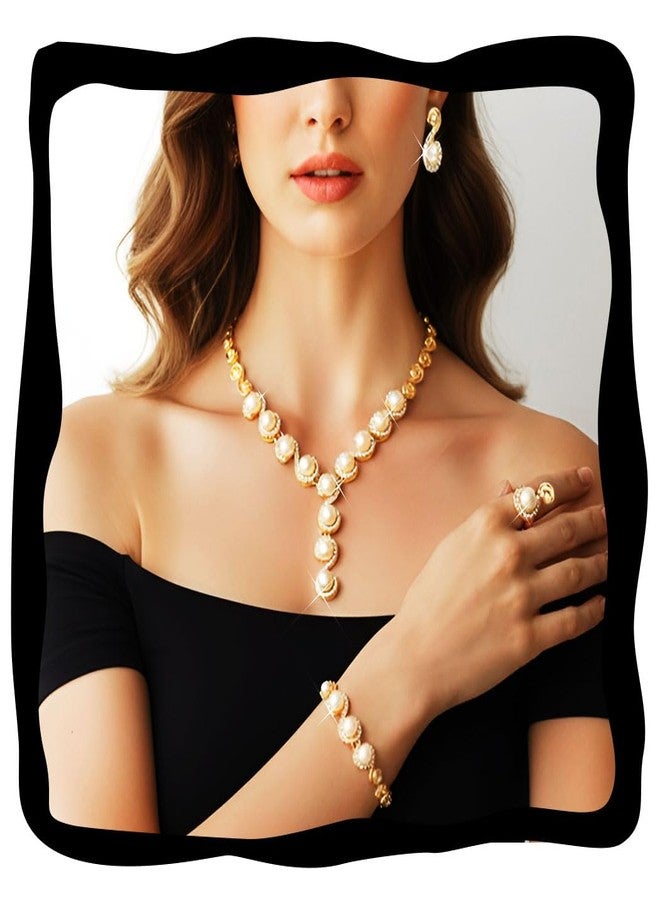 جورايس طقم مجوهرات زفاف من اللؤلؤ من GORAIS، يتضمن قلادة وأقراط وسوار وخاتم ذهبي للعروس، مجوهرات سهرة للنساء - Image 1