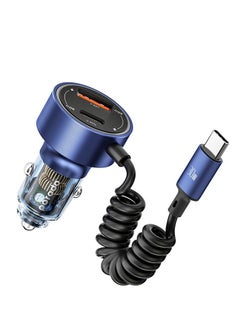 60W Transparent Dual Port Car Charger with Type-C Coil Cable - Blue