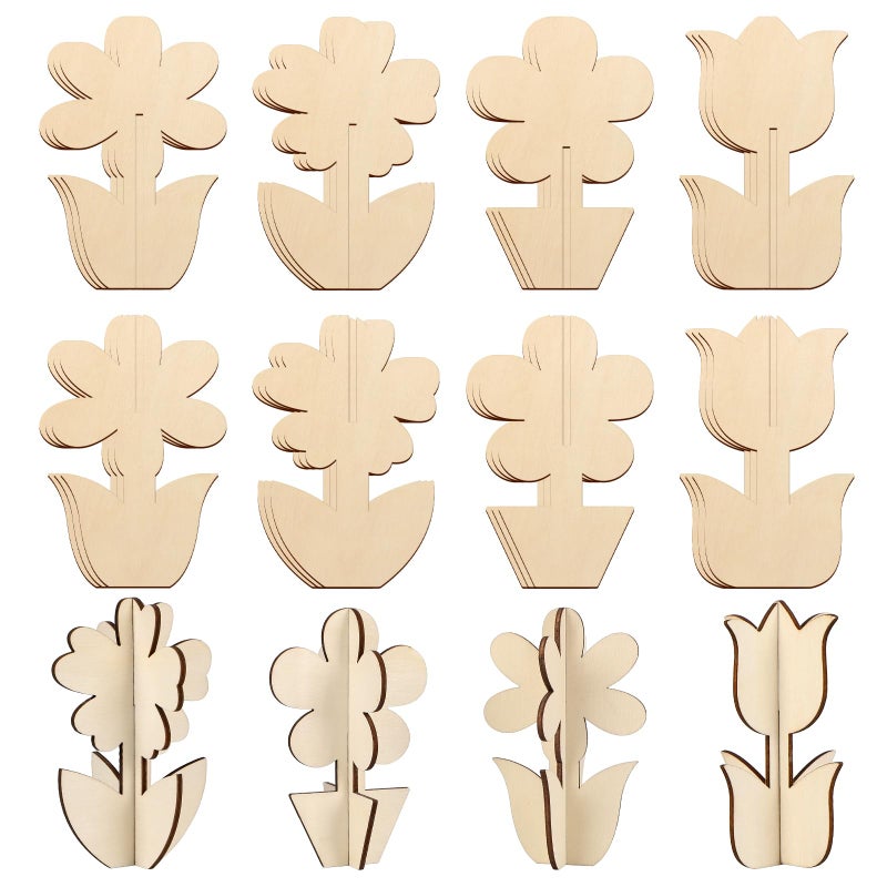 COCHIE DIY 3D Flower Spring Wood Crafts to Paint, Paintable Unfinished Wooden Slices for Craft, Flowers Cutouts Ornaments for Painting Decorations (24 PCS) - Image 1