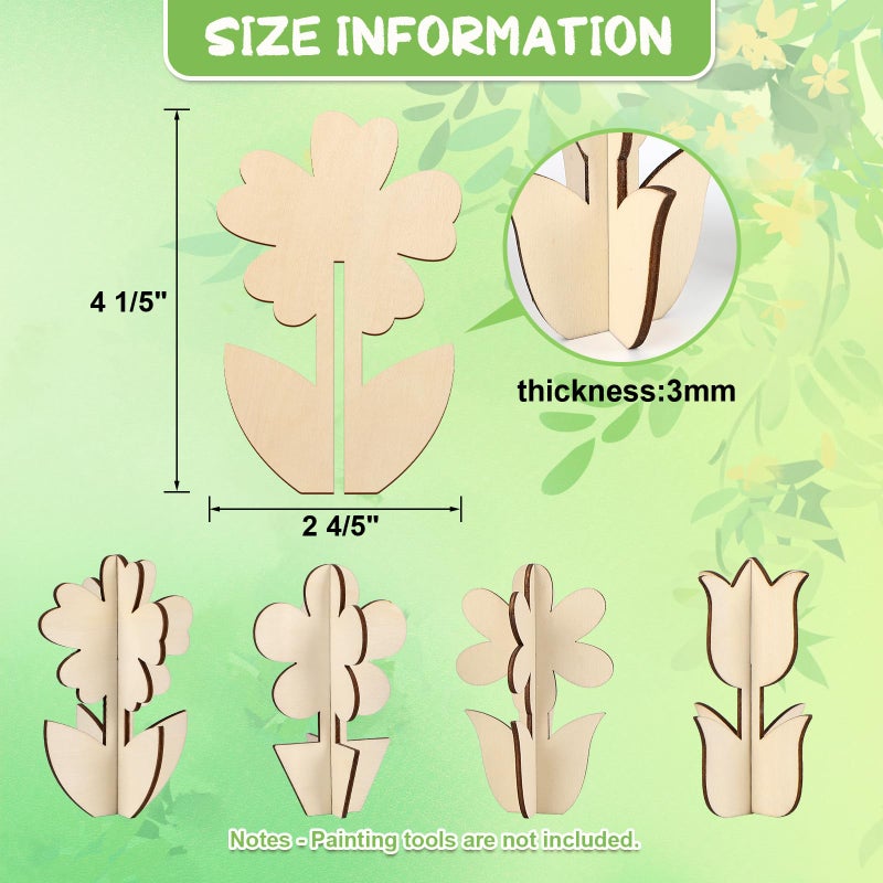 COCHIE DIY 3D Flower Spring Wood Crafts to Paint, Paintable Unfinished Wooden Slices for Craft, Flowers Cutouts Ornaments for Painting Decorations (24 PCS) - Image 2
