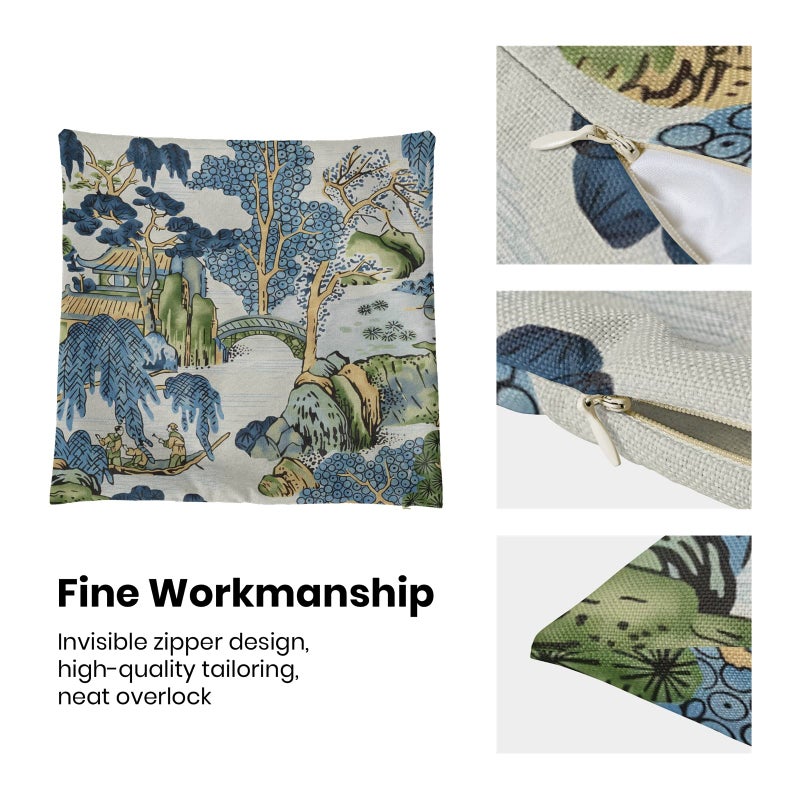 GIOPAMGO Chinoiserie Pillow Covers 20x20 Set of 2, Asian Vintage Blue Green Scenic Decorations Chinoiserie Decor Throw Pillow Covers Farmhouse Outdoor Decorative Linen Cushion Case for Couch Sofa Home - Image 5