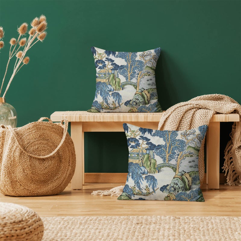 GIOPAMGO Chinoiserie Pillow Covers 20x20 Set of 2, Asian Vintage Blue Green Scenic Decorations Chinoiserie Decor Throw Pillow Covers Farmhouse Outdoor Decorative Linen Cushion Case for Couch Sofa Home - Image 2