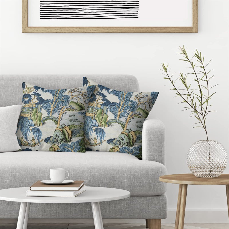 GIOPAMGO Chinoiserie Pillow Covers 20x20 Set of 2, Asian Vintage Blue Green Scenic Decorations Chinoiserie Decor Throw Pillow Covers Farmhouse Outdoor Decorative Linen Cushion Case for Couch Sofa Home - Image 3