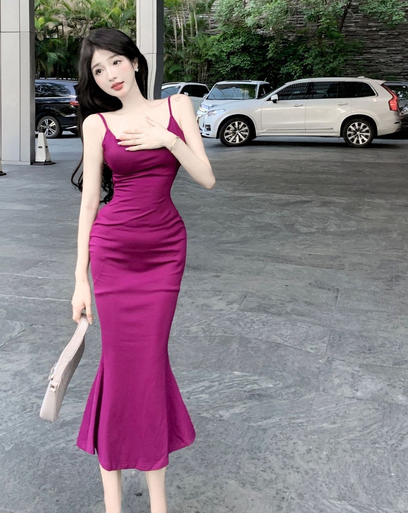 Showing White Purple Slip Dress Women'S 2023 Summer Dress New Yujie Waist Solid Color Slim Fishtail Long Dress - Image 1