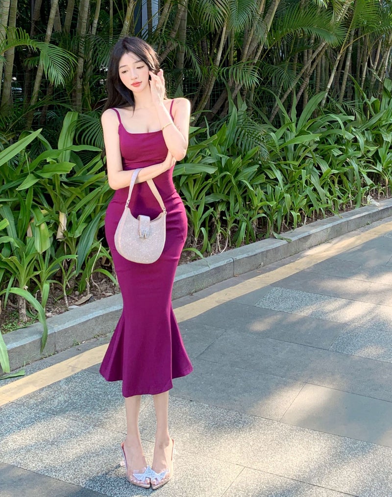 Showing White Purple Slip Dress Women'S 2023 Summer Dress New Yujie Waist Solid Color Slim Fishtail Long Dress - Image 4