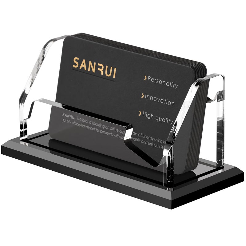 SANRUI حامل بطاقات الأعمال الأسود SANRUI للمكتب 1 فتحة ، حامل بطاقات الاسم الأكريليكي الشفاف الأفقي للنساء والرجال ، منظم سطح المكتب للعرض في المكتب أو المنزل أو المعرض - سعة 60 بطاقة 1 عبوة - Image 1