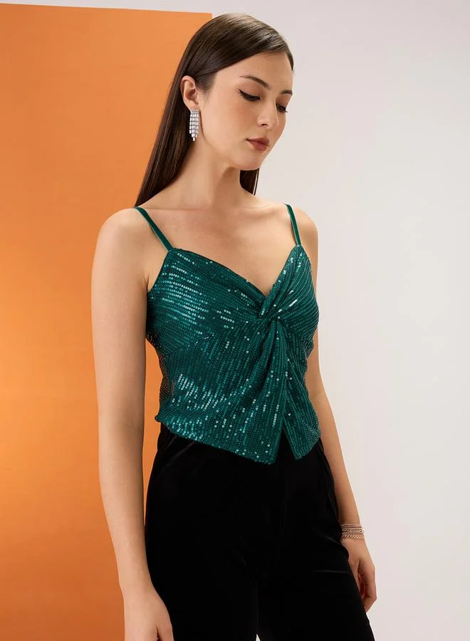 globus Women Green Sequined Strappy Top