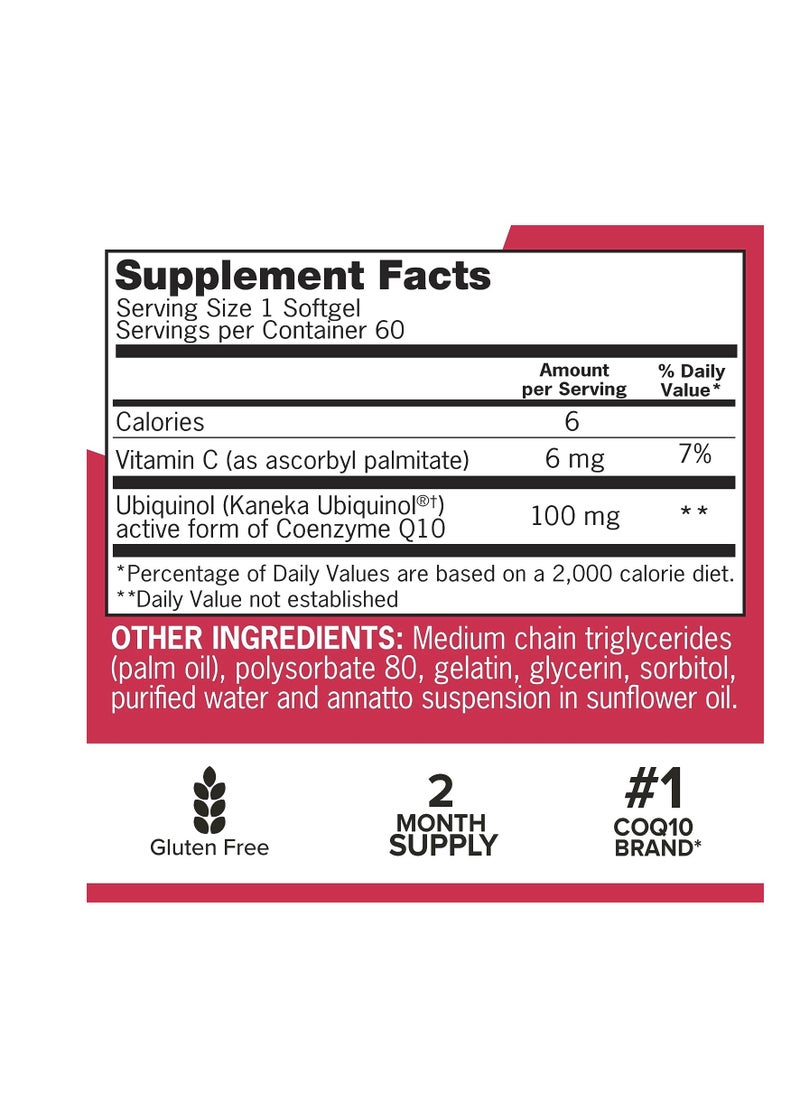 Qunol - Ubiquinol CoQ10 100mg Softgels, Qunol Mega Ubiquinol 100mg - Superior Absorption - Active form of Coenzyme Q10 for Heart Health - 2 Month Supply - 60 Count - Image 1
