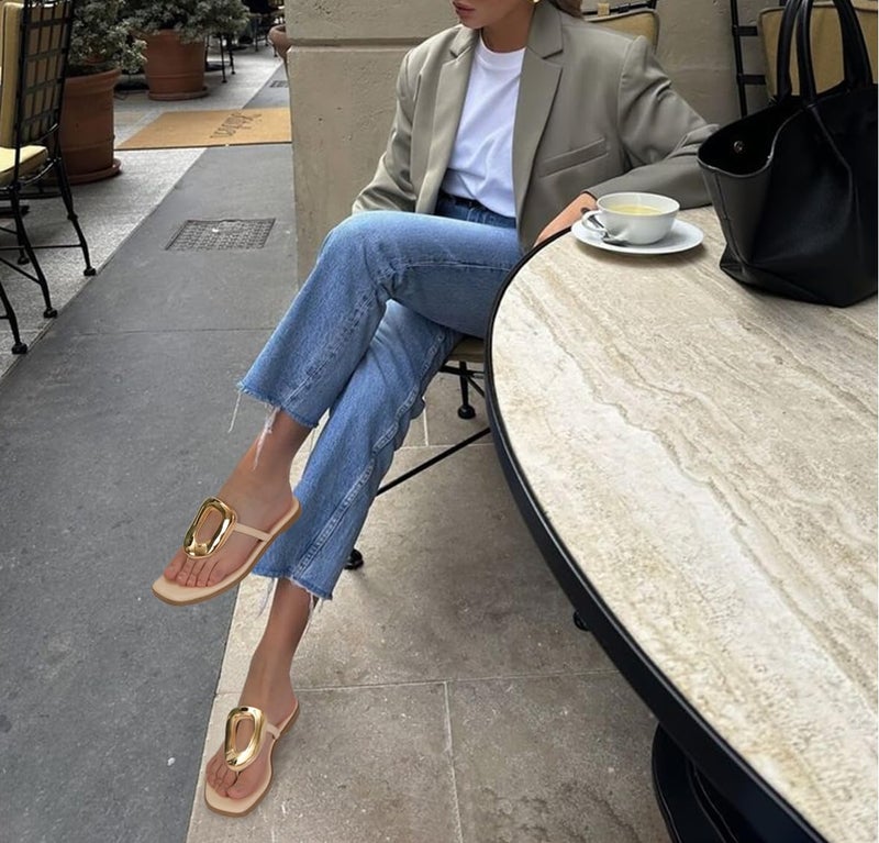 Wnshonzy Flip-Flops for Women Thong Sandals Flat Nude Slip on Slides Leather Beach Comfort Open Square Toe Ladies Slipper Dressy Metal Hardware Decoration Summer Shoes Casual Fashion - Image 4