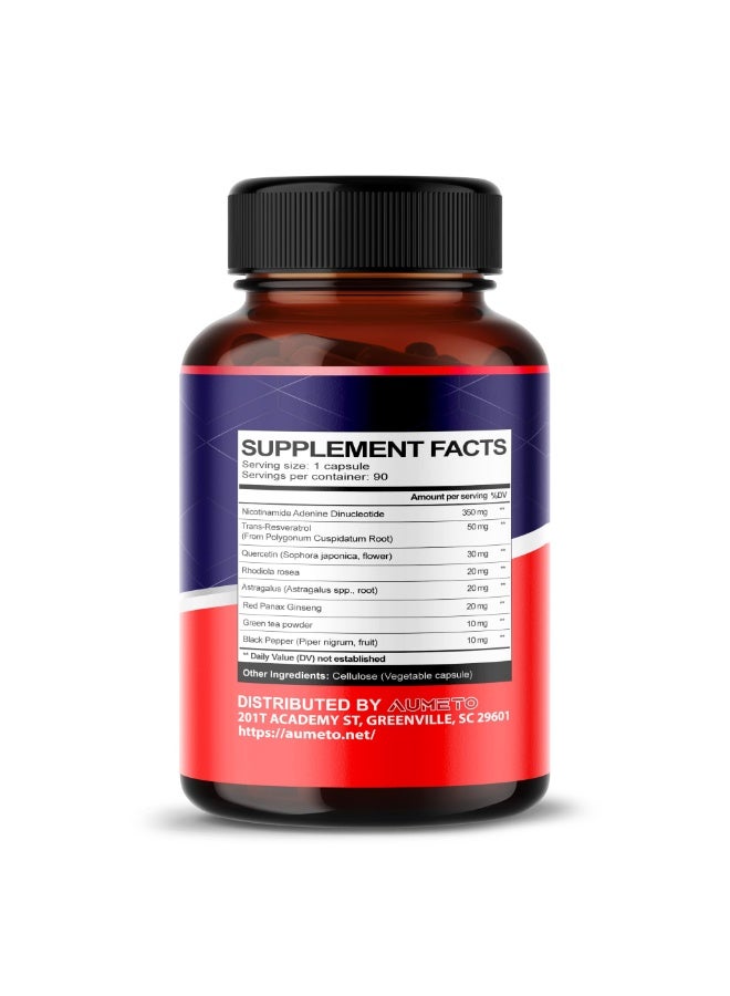 AUMETO NAD+ 350mg Capsules – NAD Supplement with Trans-Resveratrol, Quercetin & Rhodiola | Cellular Energy & Metabolic Balance Support | Antioxidant Daily Wellness | 90 Capsules - Image 2