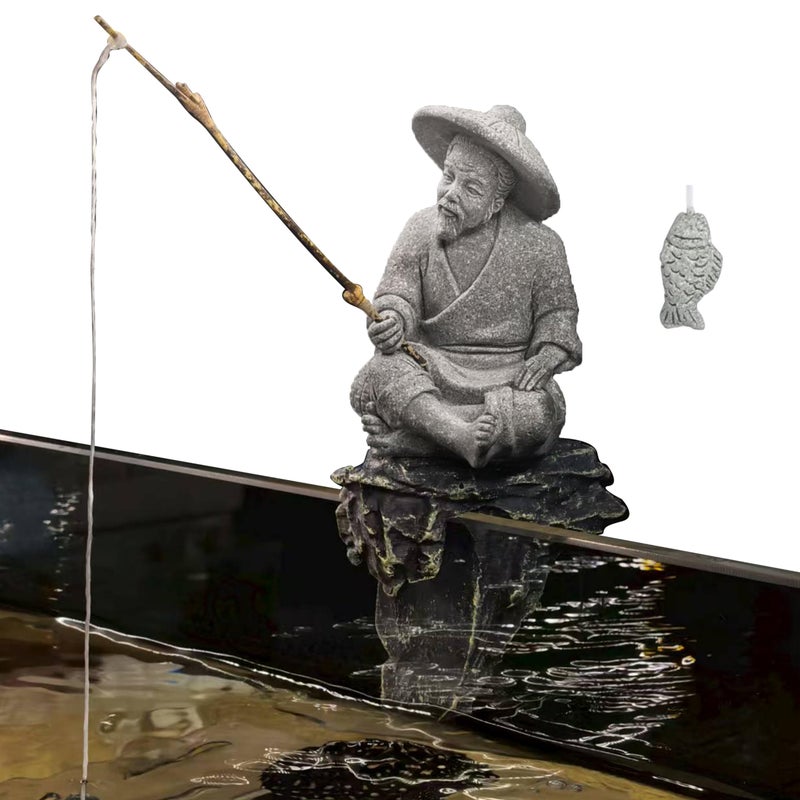 LIYAOLI Mini Fisherman Statue for Aquarium Decor - Sandstone Japanese Fishing Figurine, Fish Tank Ornament, Zen Garden Sculpture & Home Decoration - Image 1