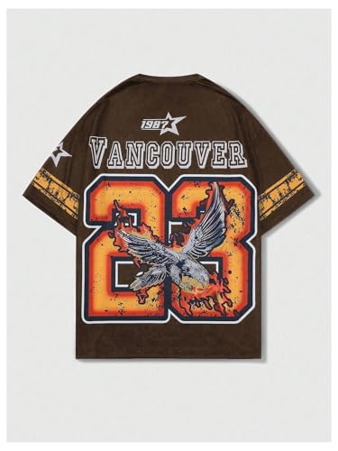 WDIRARA Men's Eagle Letter Graphic Street T Shirt Oversized Short Sleeve Crewneck Tee Top Coffee Brown Medium - Image 2