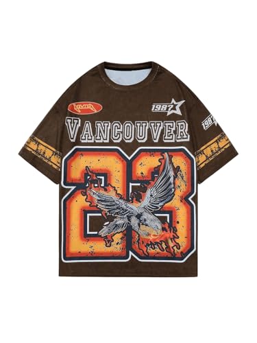WDIRARA Men's Eagle Letter Graphic Street T Shirt Oversized Short Sleeve Crewneck Tee Top Coffee Brown Medium - Image 1