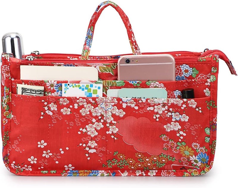 BTSKY Printing Handbag Organizers Inside Purse Insert-High Capacity 13 Pockets Bag Tote Organizer with Handle Fashion Style (Festive Flower) - Image 2