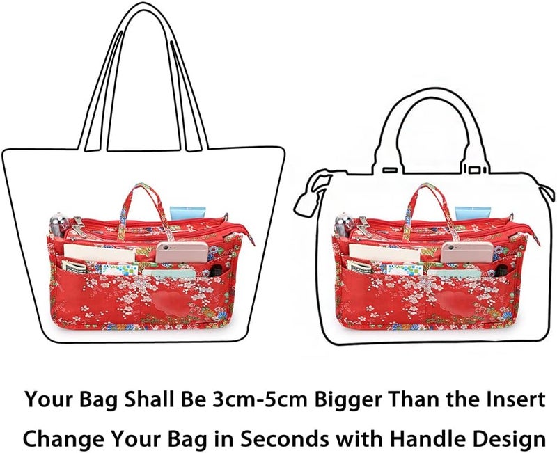 BTSKY Printing Handbag Organizers Inside Purse Insert-High Capacity 13 Pockets Bag Tote Organizer with Handle Fashion Style (Festive Flower) - Image 4