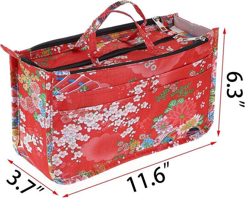 BTSKY Printing Handbag Organizers Inside Purse Insert-High Capacity 13 Pockets Bag Tote Organizer with Handle Fashion Style (Festive Flower) - Image 3