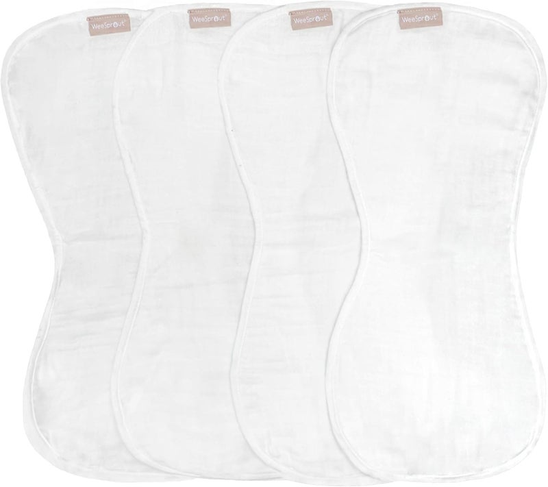WeeSprout Unisex Organic Towel Cotton Burp Cloths, Set of 4, Four Ultra-Absorbent Layers Keep Clothes Dry, Button Transforms into Baby Bib, Machine Washable & Dryer Safe (White Set, Full) - Image 1
