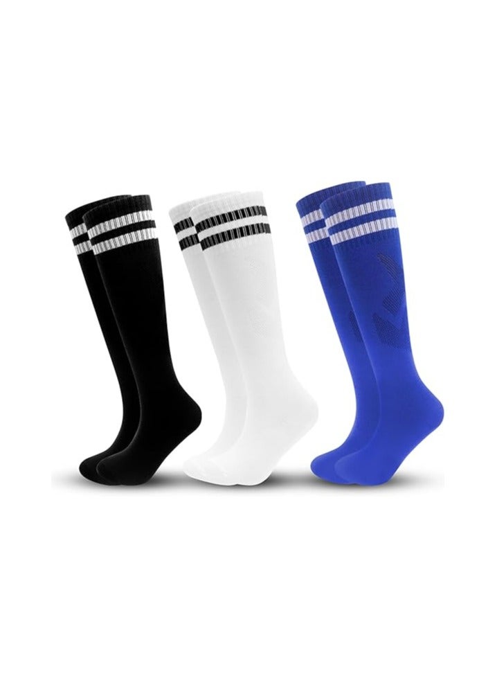 Oasisgalore 3 Pairs Kids Striped Soccer Socks - Knee-High Sports Socks for Boys & Girls (6-12 Years) - Image 1