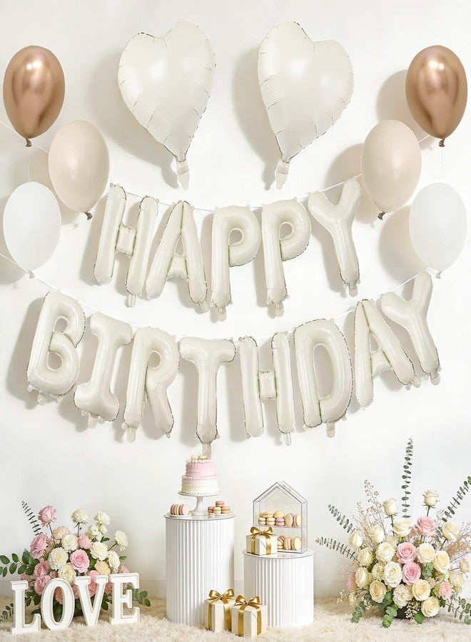 LEBERY Cream Happy Birthday Balloon Banner, 16 Inch Beige Neutral Happy Birthday Letter Balloons Cream Beige Heart Foil Balloon Champagne Gold Nude Sand White Balloons for Birthday Boho Party Decorations - Image 1