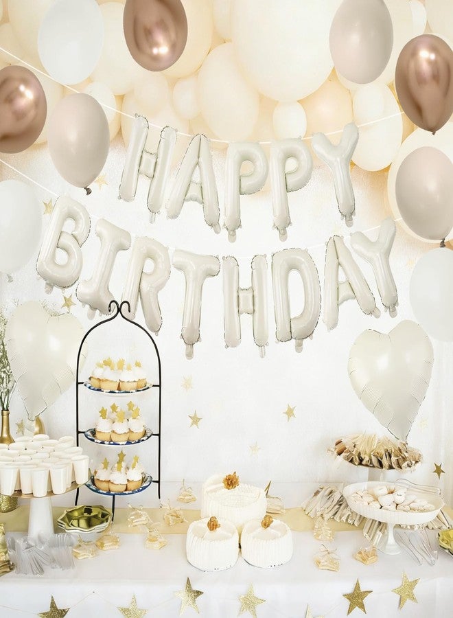 LEBERY Cream Happy Birthday Balloon Banner, 16 Inch Beige Neutral Happy Birthday Letter Balloons Cream Beige Heart Foil Balloon Champagne Gold Nude Sand White Balloons for Birthday Boho Party Decorations - Image 2