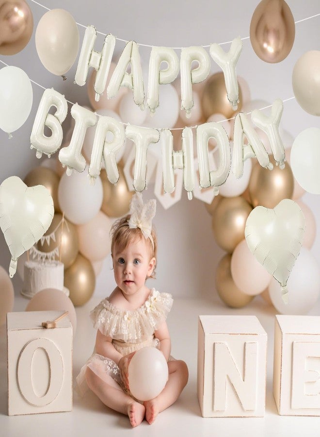 LEBERY Cream Happy Birthday Balloon Banner, 16 Inch Beige Neutral Happy Birthday Letter Balloons Cream Beige Heart Foil Balloon Champagne Gold Nude Sand White Balloons for Birthday Boho Party Decorations - Image 4