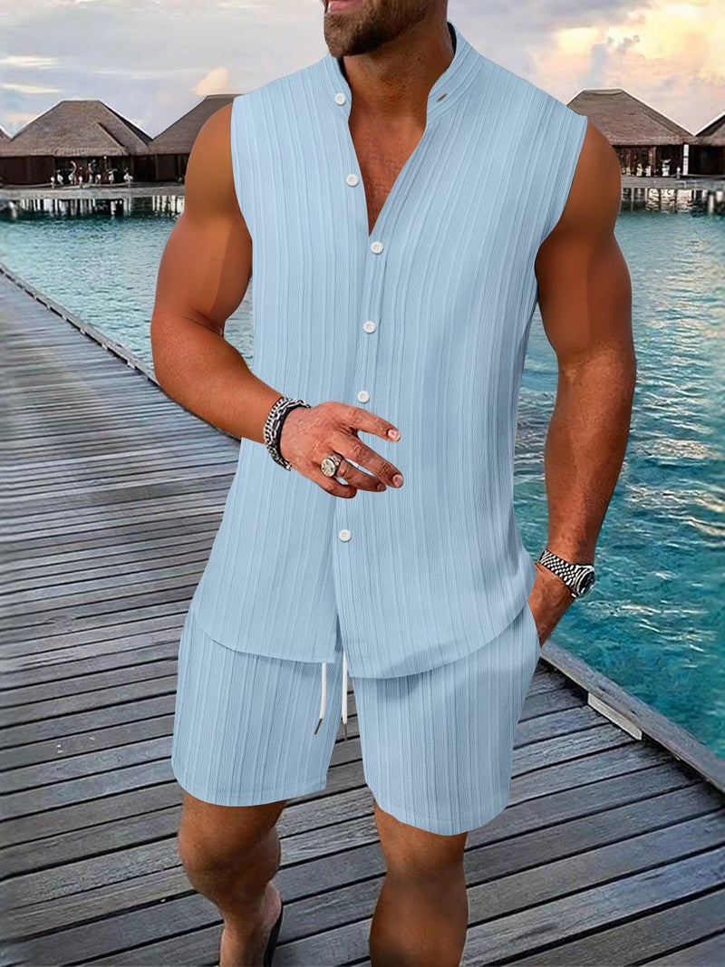تيشيرت رجالي كاجوال بدون أكمام مع شورت صيفي فضفاض - Image 1