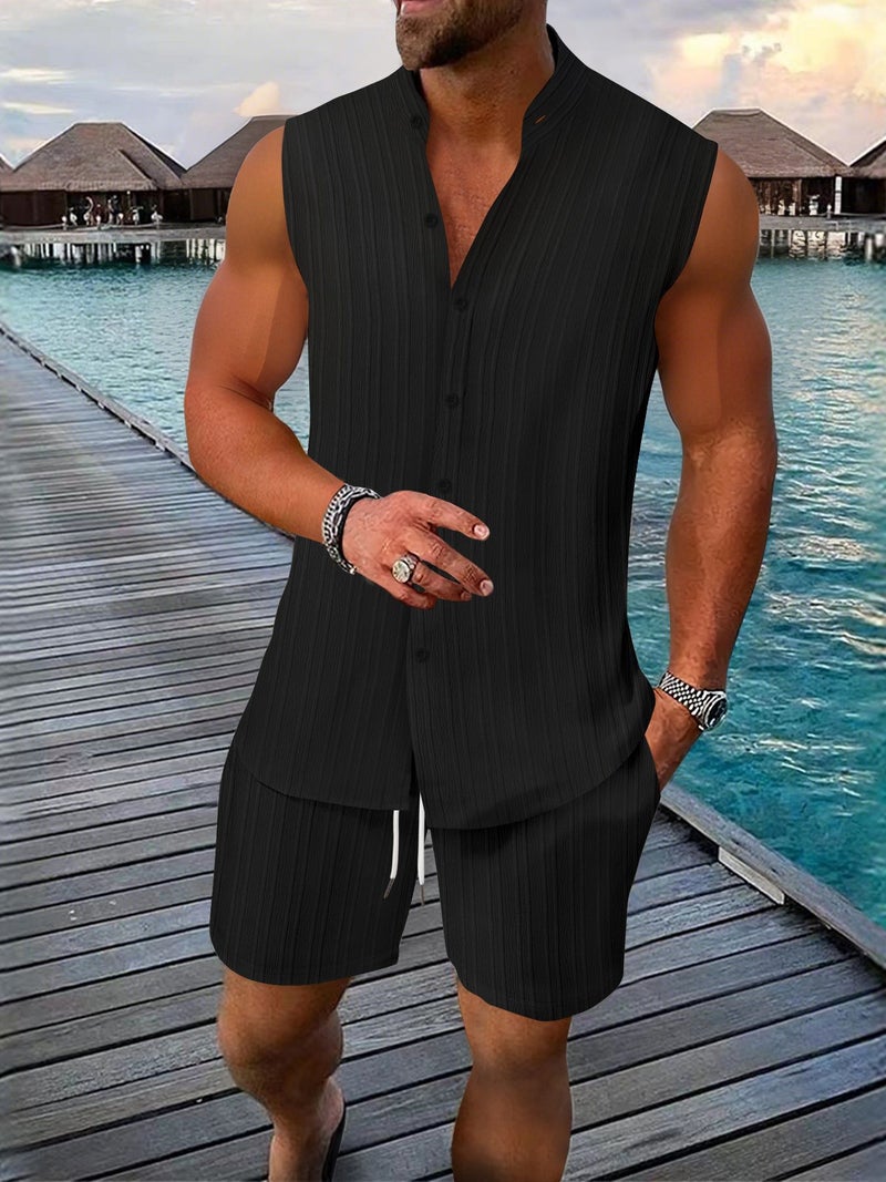 تيشيرت رجالي كاجوال بدون أكمام مع شورت صيفي فضفاض - Image 3