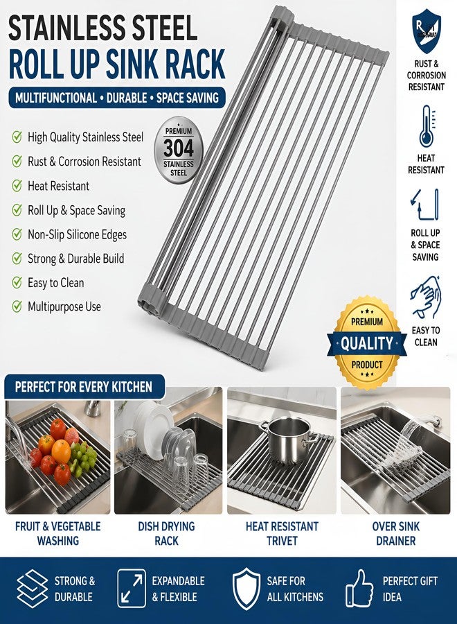 Alark Foldable Silicone Roll Up Dish Drying Rack for Kitchen Sink & Over Sink Drainer Multipurpose Rolling Drying Mat for Kitchen Utensils Fruits & Vegetables Space Saving Kitchen Organizer Grey - Image 3
