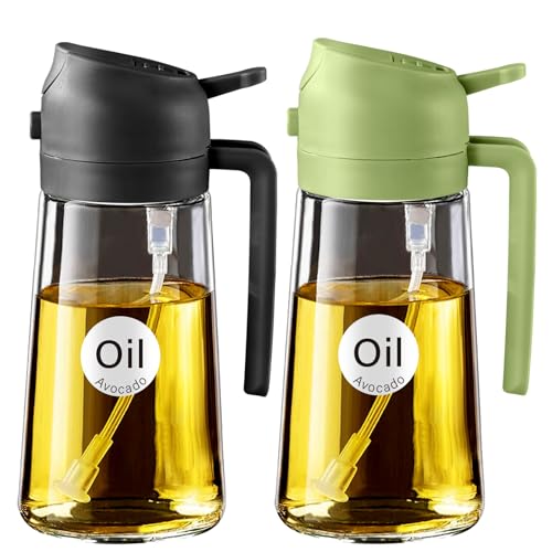 ‎YARRAMATE YARRAMATE Olive Oil Dispenser, 2 in 1 Oil Sprayer for Cooking, 16oz/470ml Glass Oil Spray Bottle with Pourer, Food-grade Oil Dispenser and Oil Sprayer for Kitchen, Salad, Frying, BBQ (Black & Green) - Image 1