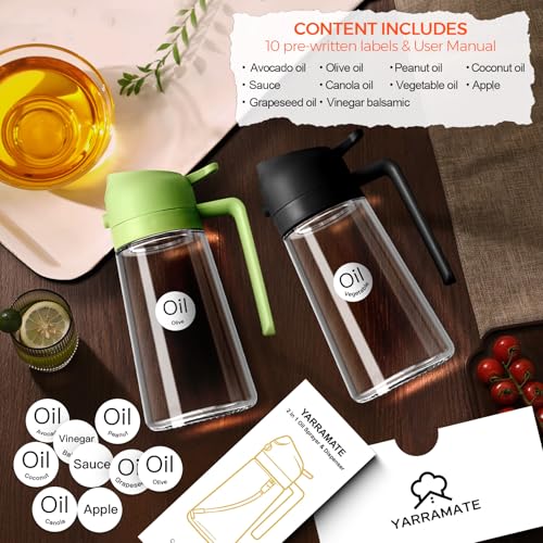 ‎YARRAMATE YARRAMATE Olive Oil Dispenser, 2 in 1 Oil Sprayer for Cooking, 16oz/470ml Glass Oil Spray Bottle with Pourer, Food-grade Oil Dispenser and Oil Sprayer for Kitchen, Salad, Frying, BBQ (Black & Green) - Image 2
