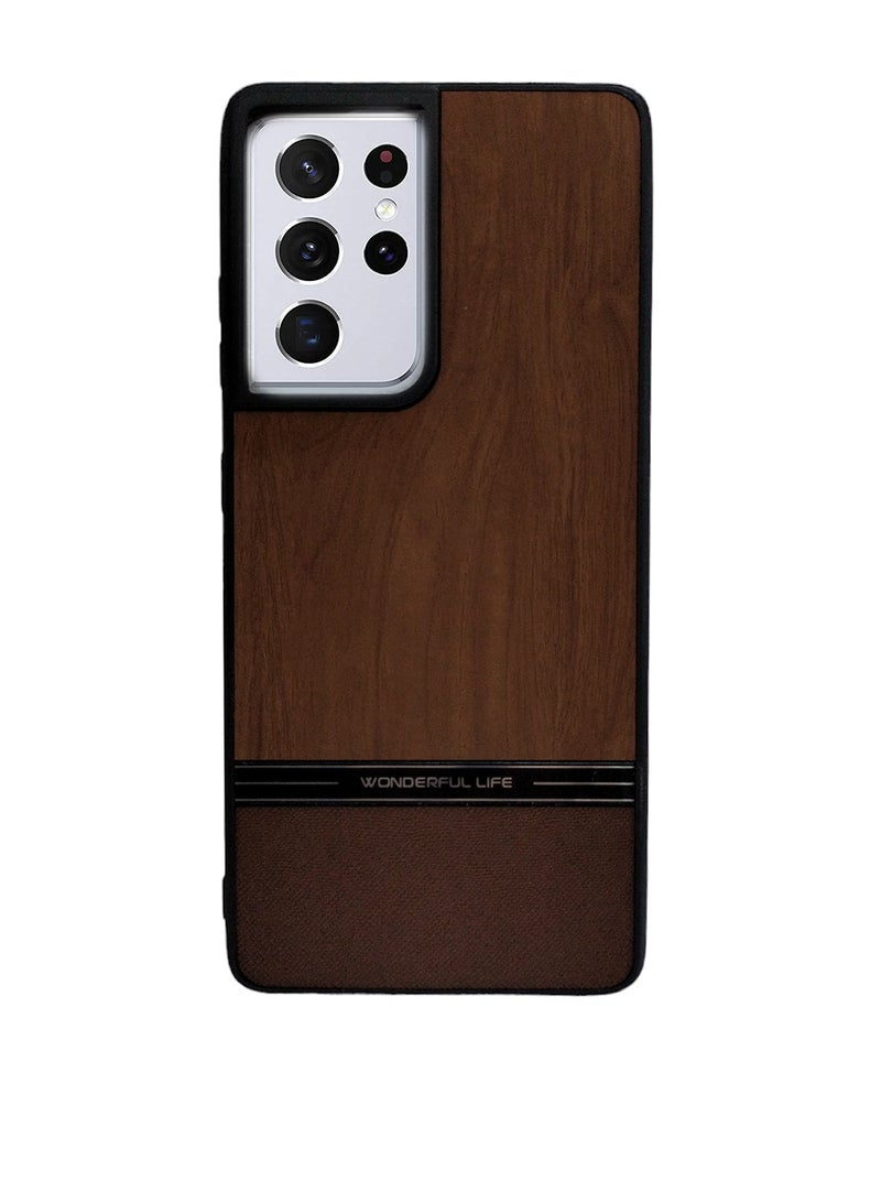hockproof Wood Grain Skin PU and TPU Shockproof Luxury Phone Case for Samsung Galaxy S21 Ultra (Brown)