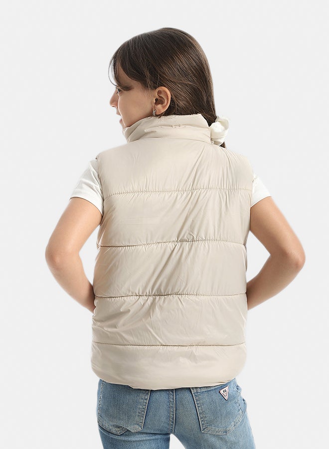 High Collar With Zipper Closure Cut Sleeves Vest _ Beige